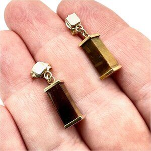 14K Yellow Gold Womens Earrings Tiger Eye Drop Pierced 2.9 Grams